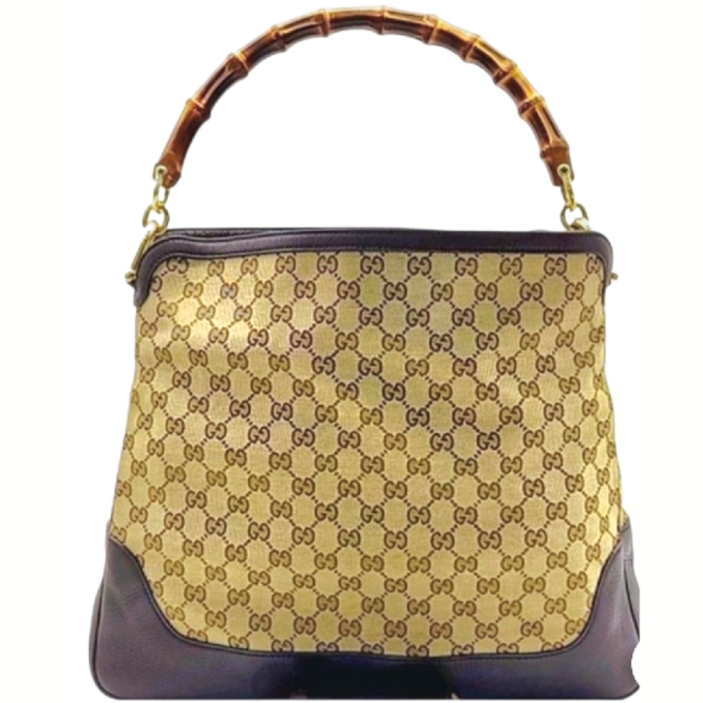 Gucci Beige and Dark Brown Shoulder Bag with Bamboo Accent